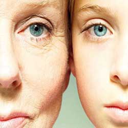Face with ageing skin and youthful skin